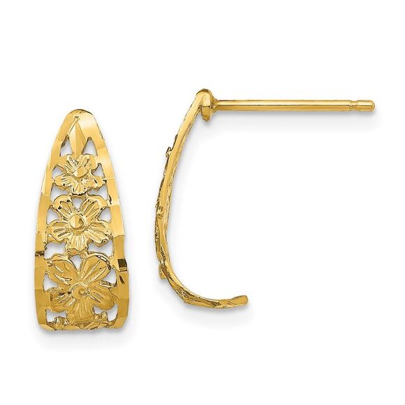 Kazi Luxury 14k Yellow Gold D/C Flower J-Hoop Post Earrings